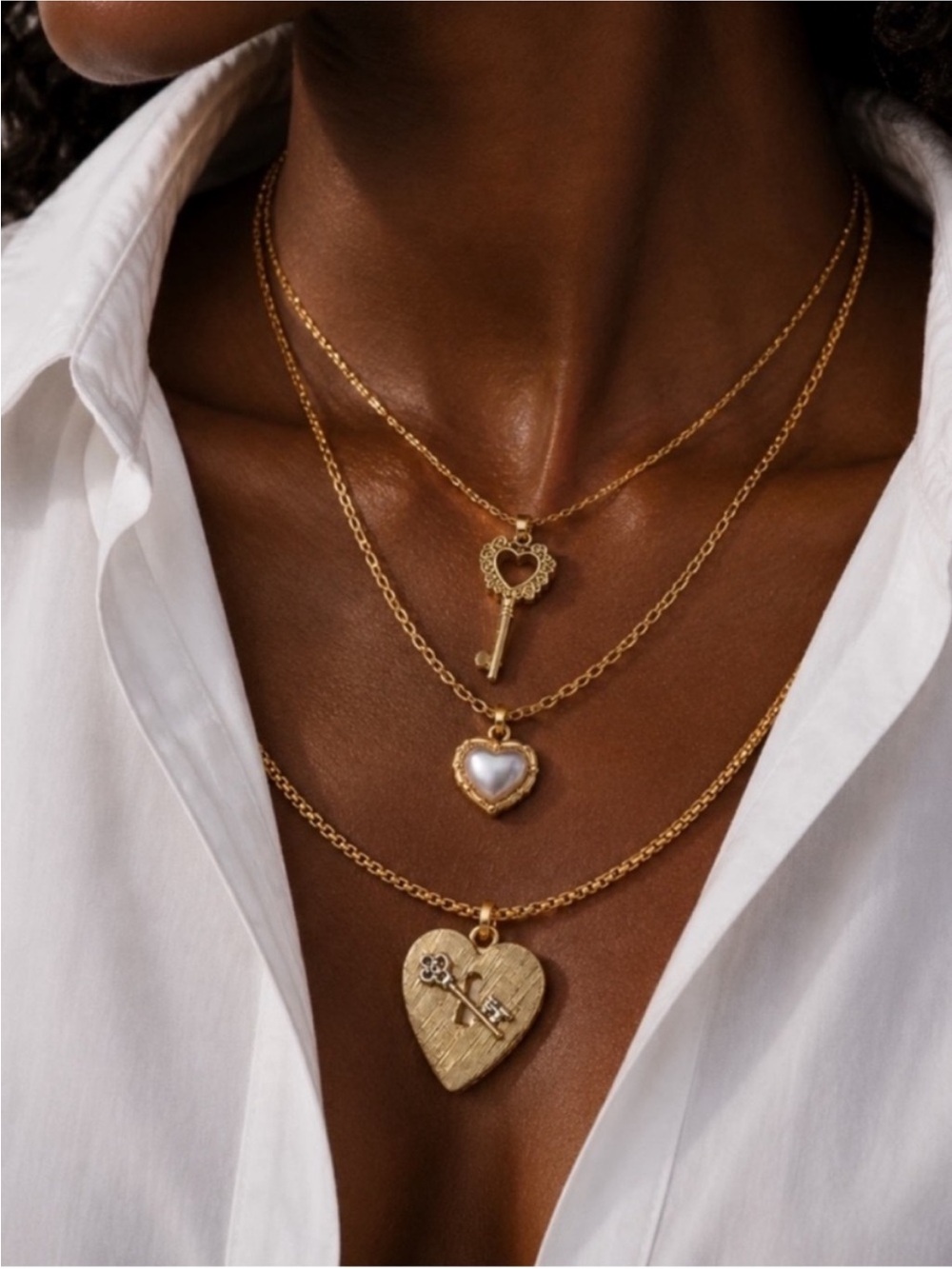 New! Gold Heart Lock and Key Necklace Stack Set NWOT 4003